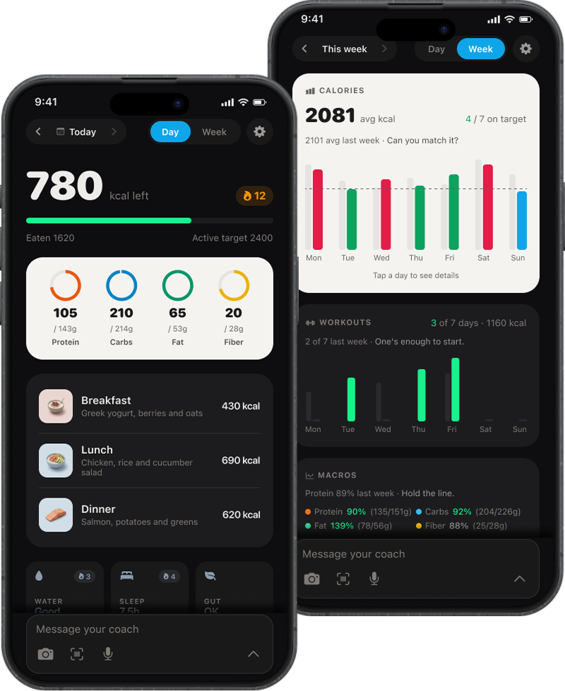 Kexo day and week views — calories, meals, and weekly patterns