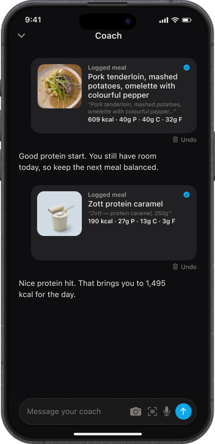 Kexo coach chat — log meals by text, photo, or voice
