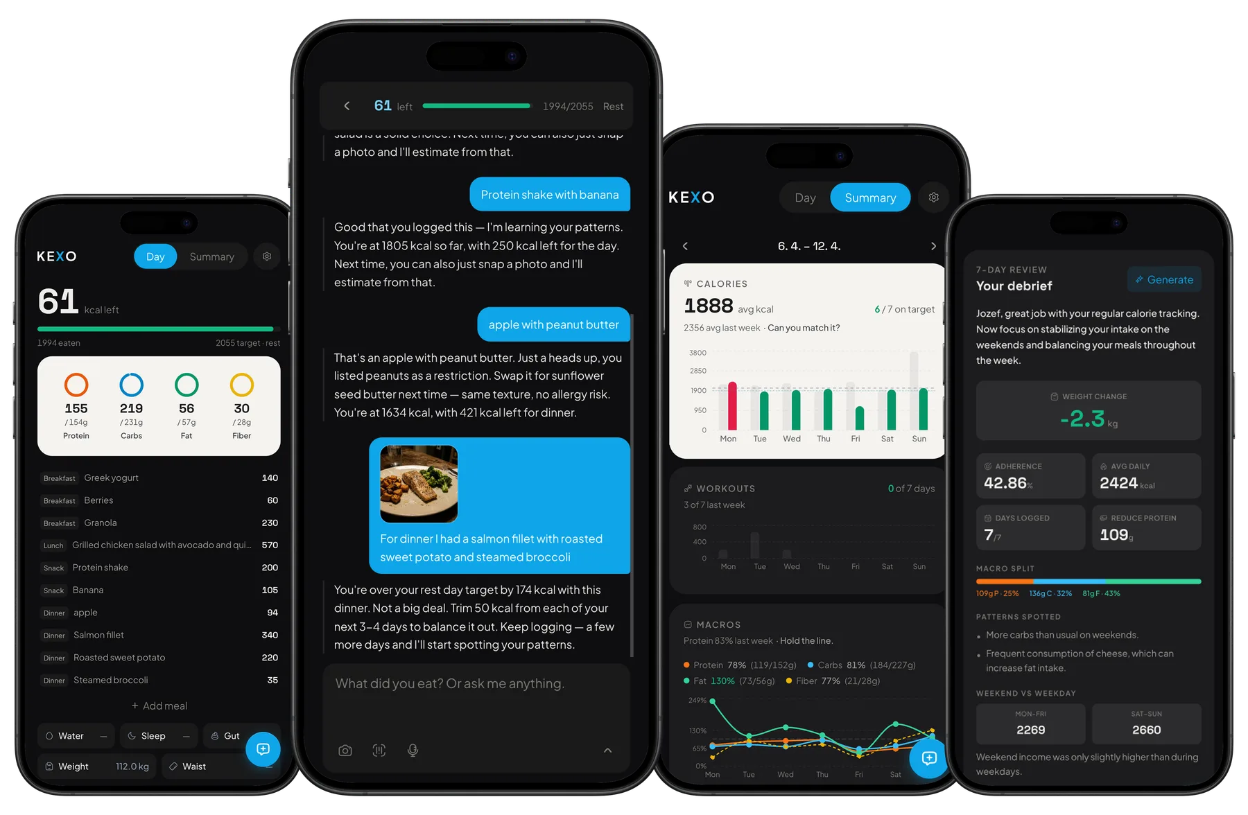 Kexo app — chat, daily dashboard, weekly summary, and 7-day review